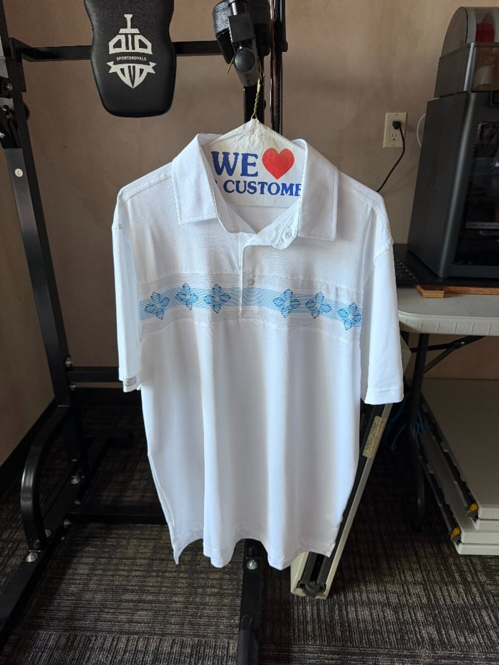 Straight Down White Blue Floral Golf Polo Shirt Men’s M